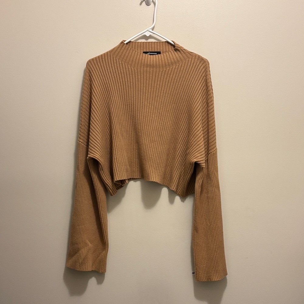 Women's Tan Ribbed Cropped Knit Sweater